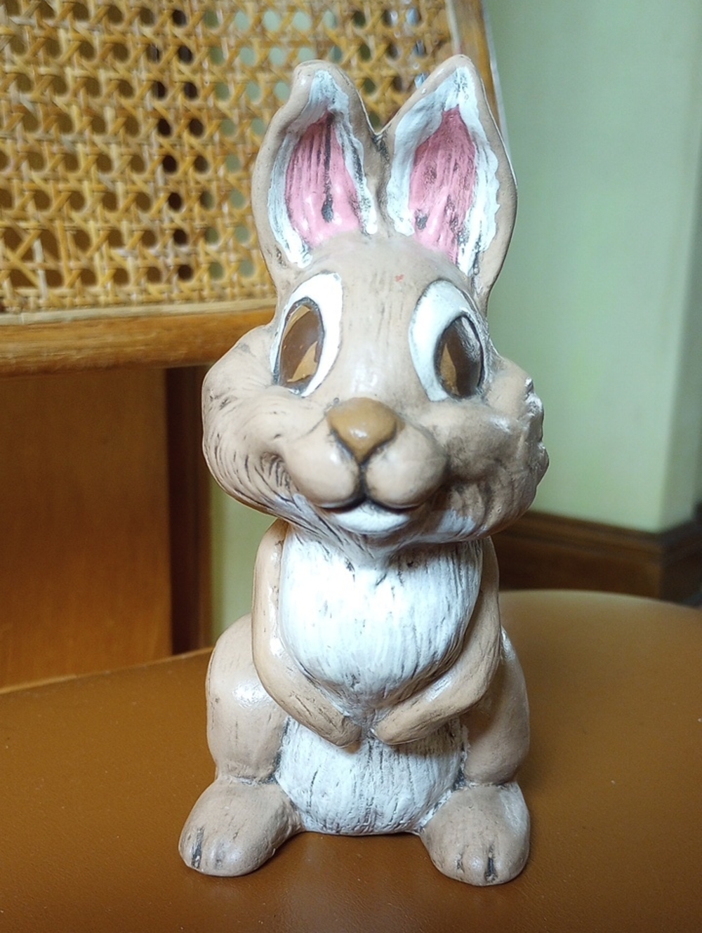 Vintage Painted Pottery Handmade Rabbit Figurine. Brown Tan White Pink